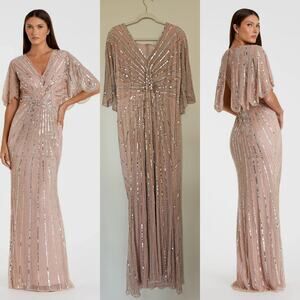Mac Duggal Pink Sequined V-Neck Cape Sleeve Gown – Size 16